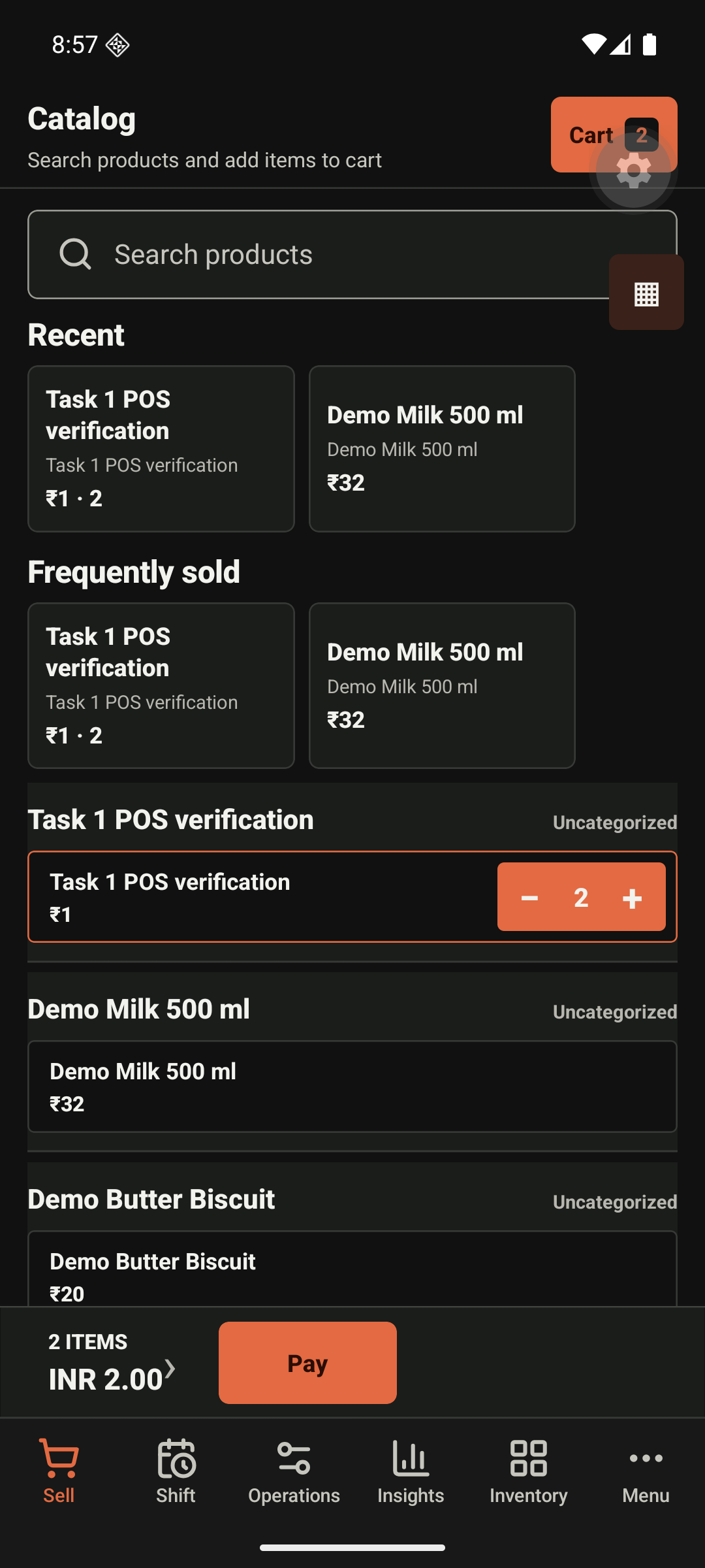 Nox Billings Android sell catalogue with an active cart